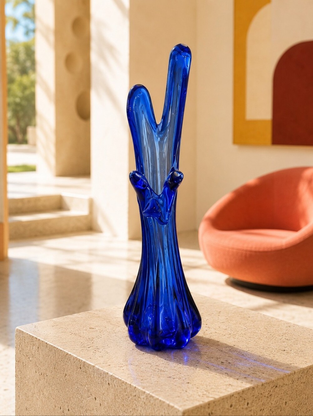 Vintage Action Taiwan Cobalt Blue Five Finger Art Glass Vase 11"